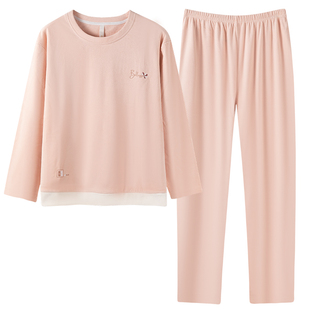 牧柔休闲简约纯色圆领海岛绒女大码保暖长袖新款秋冬季可外穿睡衣