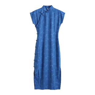 蓝色条纹旗袍国风改良优雅高端竹节印花立领收腰修身女日常全开襟