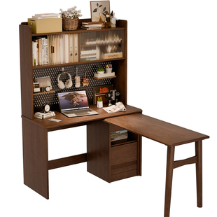 实木书桌书架一体靠墙转角桌L型书柜写字桌子卧室折叠学习电脑桌