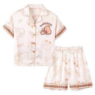 女童睡衣夏季冰雪丝短袖短裤薄款2025新款卡皮巴拉儿童女孩家居服