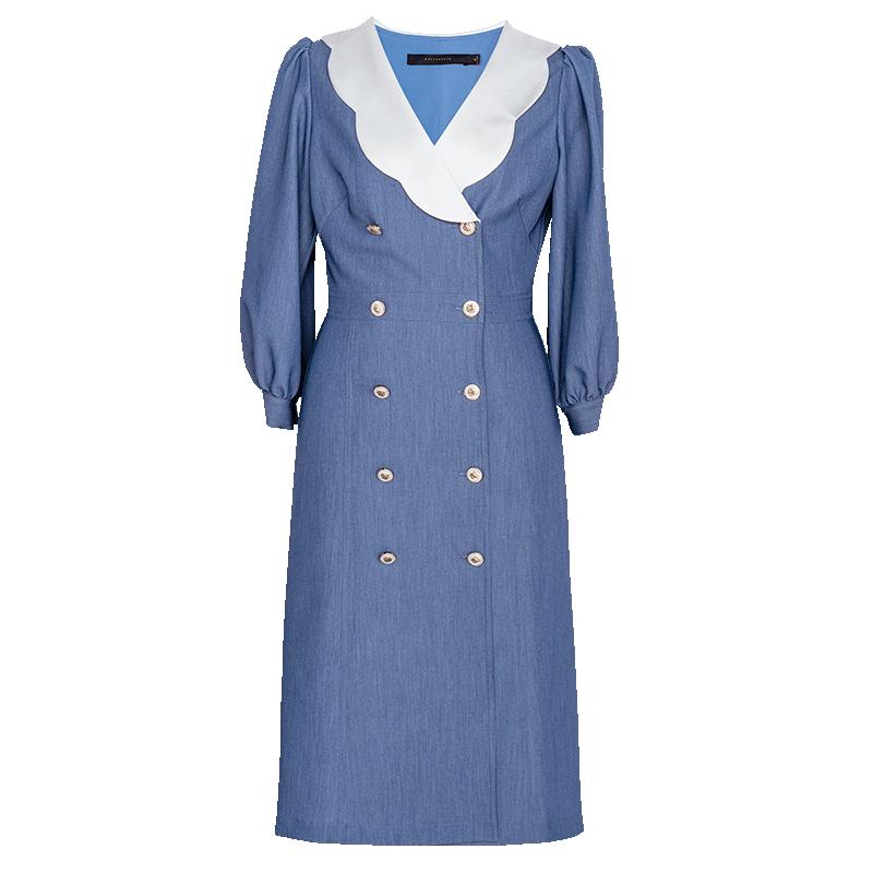 罗衣知性牛仔蓝西装连衣裙2025秋装新款灯笼袖拼接缎面A摆裙06978