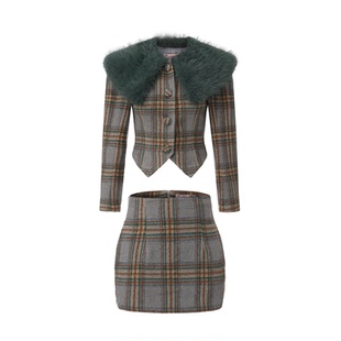 LE PALAIS VINTAGE原创 复古富家千金 毛呢格子毛领修身外套短裙