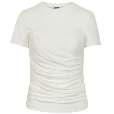 CALVINLUO 新品女纯色抽不对称拼接抽褶休闲百搭T恤 白色/棕色