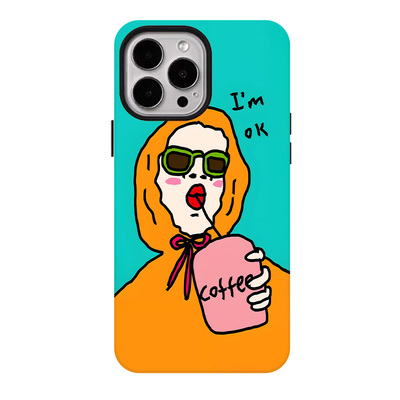 搞怪咖啡女孩适用苹果17promax手机壳iphone16pro菲林磁吸支架个性华为P80小米15小众vivo防摔保护壳oppo撞色
