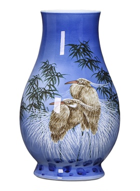 景德镇手绘蓝色路路连升陶瓷花瓶