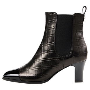 灵梅陈高光鞋切尔西女靴圆头粗跟拼色短靴秋冬英伦风高跟鞋瘦瘦靴