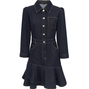 Vero Moda连衣裙女2025秋季新款老钱风含棉收腰撞色七分袖牛仔裙