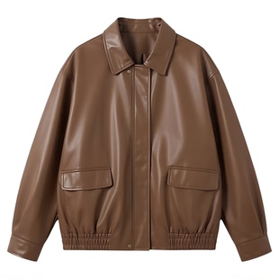 Casual long sleeved loose leather jacket休闲长袖宽松皮夹克女