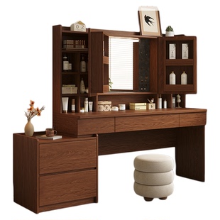 定制橡木真实木梳妆台隐藏镜子平开门收纳储物小户型主卧室化妆桌