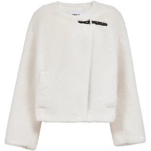 ONLY2025冬季新款斜开门襟简约圆领纯色短款柔软毛绒棉服外套女