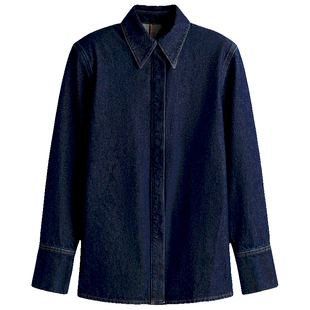 HM女装衬衫春季智性条纹美学收腰垫肩修身牛仔长袖外套1281468