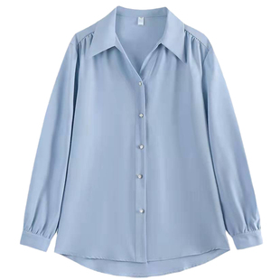 蓝色雪纺衬衫女长袖春秋设计感V领通勤上衣职业正装面试宽松衬衣