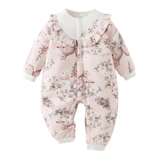 女宝宝婴儿夹棉连体衣秋冬季60g薄棉纯棉a类保暖外出棉服哈衣爬服