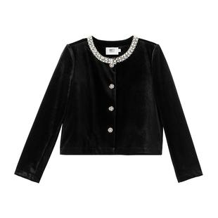 晚白2025年秋冬新款复古轻奢丝绒名媛风上衣气质钉珠圆领短外套女