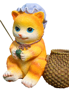 室内外缸熊猫小猫钓鱼树脂摆件
