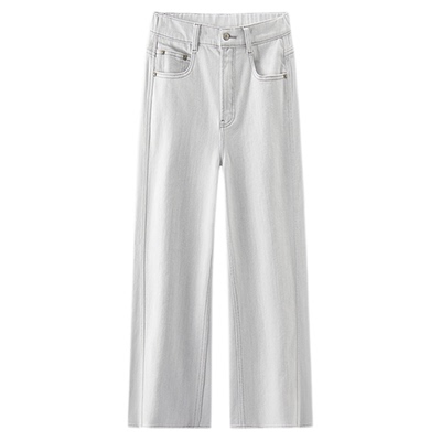 森马牛仔裤女冬高腰抓毛阔腿长裤