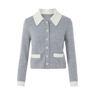 朗姿莱茵福莱尔法式钻扣撞色翻领羊毛针织衫复古简约香风开衫上衣