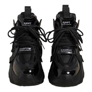 加绒休闲鞋女2025春秋季新款黑色高帮矮子乐小个子增高运动老爹鞋