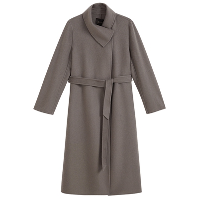 YINER音儿2025冬季新款法式羊毛混纺围裹领正肩中长款双面呢大衣