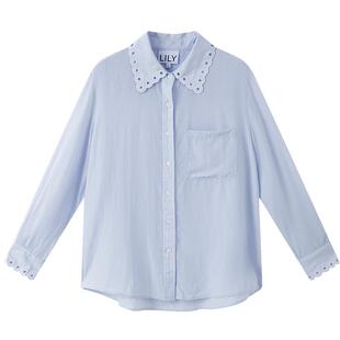 LILY秋新款女装莱赛尔亚麻镂空花边翻领休闲通勤蓝色衬衫外套