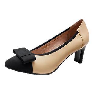 马内尔春季新款女鞋黑色高跟鞋粗跟浅口蝴蝶结工作单鞋G11093