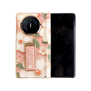 油画山茶花适用华为matex6手机壳新款折叠屏matex5腕带支架X6典藏版高档皮纹超薄x5磁吸中轴保护全包女单后壳