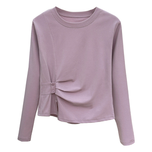 纯色圆领下摆开叉长袖T恤女春秋季新款褶皱收腰显瘦内搭别致上衣