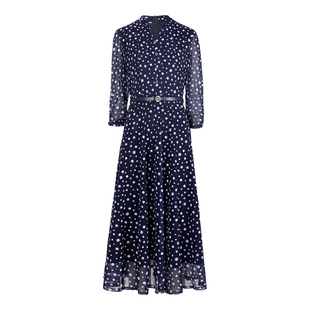 HONRN/红人V领压褶波点修身收腰显瘦a字裙连衣裙女春秋HJ11OL300