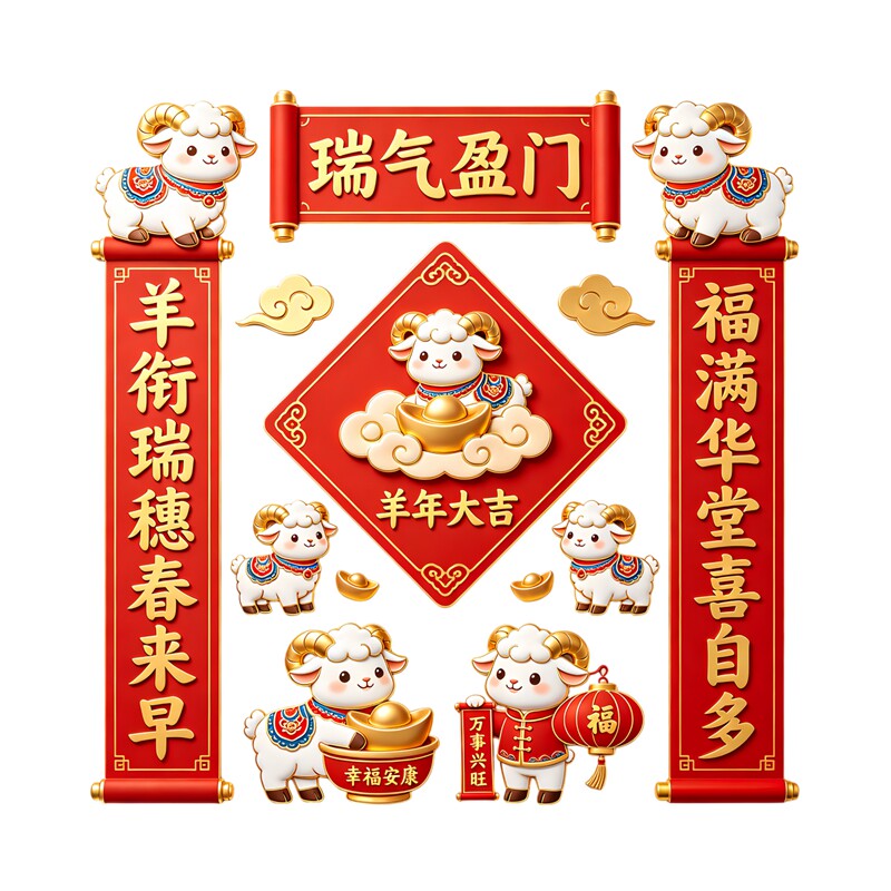 瑞气盈门羊年墙贴对联套装卡通小羊元宝灯笼祥云中式过年装饰贴纸