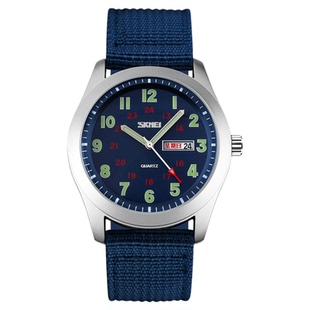 时刻美夜光复古男士手表新款学生腕表商务石英表防水双日历帆布带