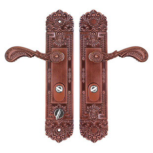 铝合金防盗门锁红古铜色大门锁面板把手双开门把手面板青古铜拉手