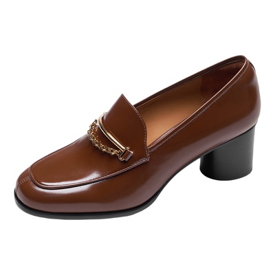 莱尔斯丹商场同款2025秋冬新款中粗跟真皮黑色通勤乐福鞋女54201