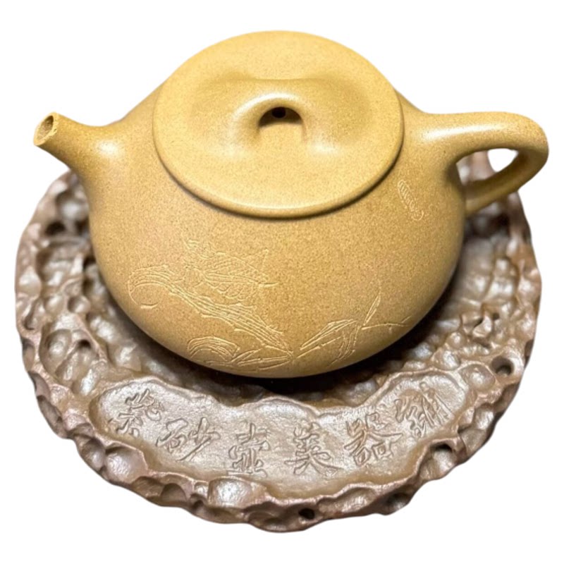 黄金段泥刻绘圆器景舟石瓢小品紫砂壶 190CC 宜兴原矿手工