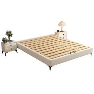 全实木无床头床架小户型落地齐边排骨架奶油风1米8榻榻米软包床架