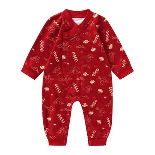 欧孕婴儿秋冬衣服男女宝宝过年拜年服马年红色连体衣百天哈衣爬服