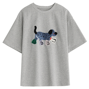 CV大码女装 2026夏季新款街头中性趣味小狗毛巾绣短袖荃棉T恤上衣