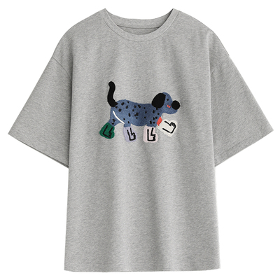 CV大码女装小狗刺绣短袖纯棉T恤