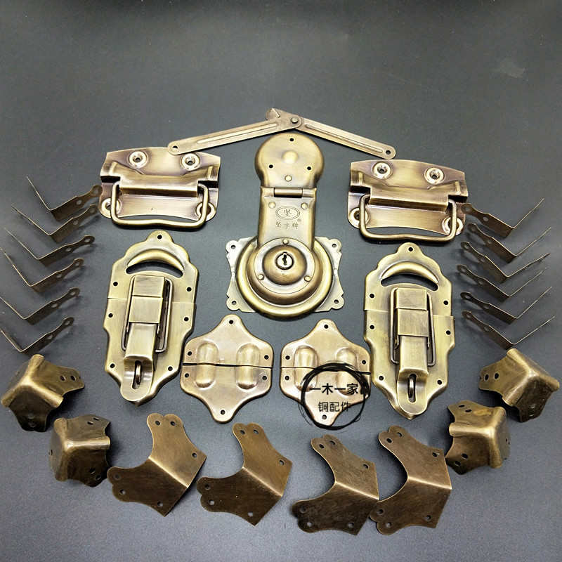 中式仿古箱扣樟木箱子五金纯铜配件老式锁扣拉手合页包角复古全套