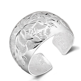 S999足银牡丹纯银手镯女实心开口光面孔雀莲花心经正品银饰送妈妈