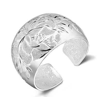 S999足银牡丹纯银手镯女实心开口光面孔雀莲花心经正品银饰送妈妈