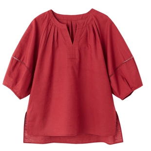 德玛纳亚麻法式复古V字圆领衬衫女25夏新气质开叉花苞袖棉麻衬衣