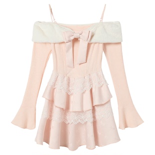 织物猪 甜樱泡芙 甜欲风粉色一字肩连衣裙女秋针织拼接长袖公主裙