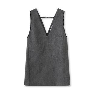 LILY磨毛含绵羊毛V领贝壳绣无袖百搭通勤直筒连衣短裙冬新款