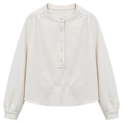 Basic House/百家好米色简约气质长袖衬衫女春季宽松百搭休闲上衣