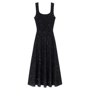 Maje2026早春新款女装法式时尚仿钻装饰黑色收腰长款吊带连衣裙