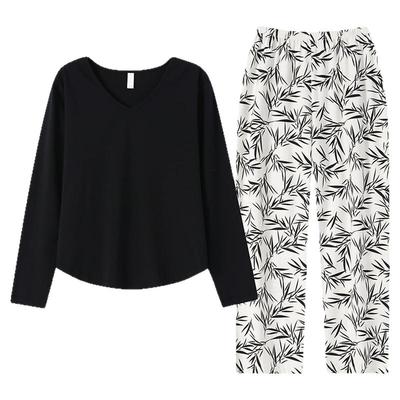 黑色印花春秋款睡衣女长袖九分裤