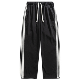 条纹加绒运动裤男女2026新款冬宽松直筒休闲卫裤大码两条杠阔腿裤