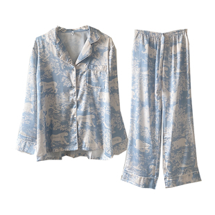 高级感扎染长袖睡衣女春秋款冰丝网红风简约长袖长裤家居服套装女