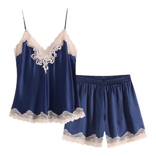 罗丝美100%桑蚕丝家居服镶蕾丝法式吊带睡衣女士衣裤套装13081