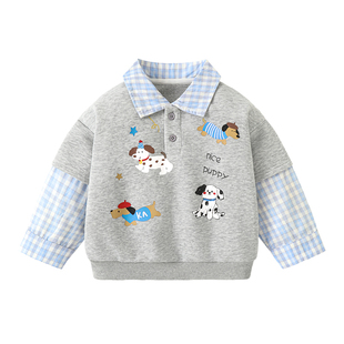 咔咔熊猫男童假两件卫衣春季宝宝POLO领卡通上衣儿童翻领上衣春款